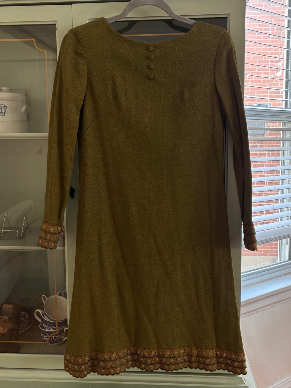 Vintage 60s 70s Boho Olive Green Shift Dress Embroidered Trim Long Sleeve Mod